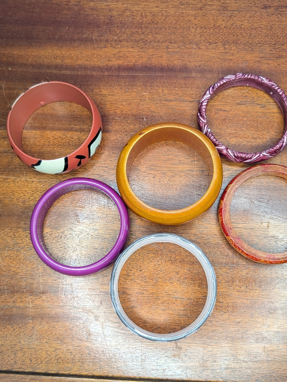 Vintage Mid Century Stacking Bangle Bracelet Lot 6pc Retro Lucite Acrylic Wood - Picture 2 of 16